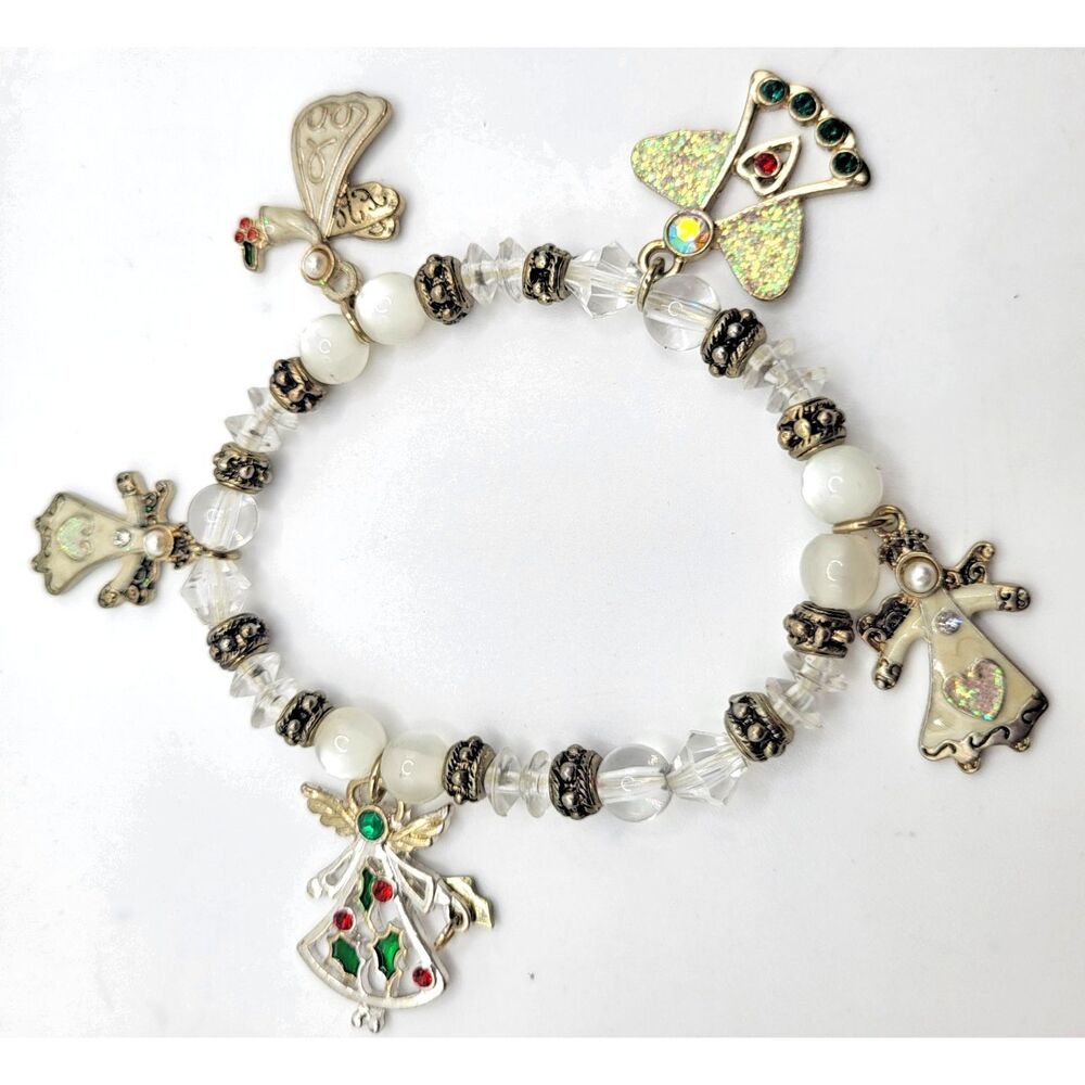 Christmas Angel Beaded Bracelet TIger's Eye Enamel Charms 8in